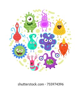 Vector cartoon style circle composition of colorful funny bacteria characters. Good and bad flora microbes. Isolated on white background.