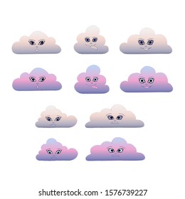 Vector cartoon style clouds isolated on white. Clouds with faces, emotions. Happy, smiling, angry, sad. Sweet candy colors. Purple and cotton pink