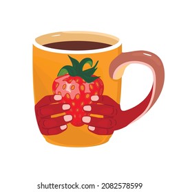 Vector cartoon style coffee mug with print.A yellow cup and palms holding  ripe juicy strawberries.Drink icon isolated on white background.Concept for cafe and coffee shop.