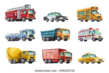 Vector cartoon style collection of cars: fire brigade, police car, school bus, truck, ambulance, concrete mixer, taxi. Isolated on white background.