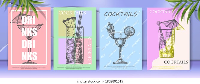 Vector cartoon style collection of cocktails menu templates, hand drawn on tropical background. 