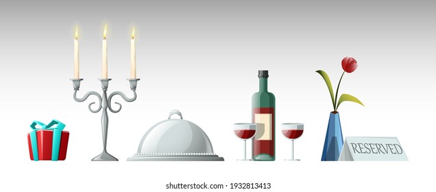 Vector cartoon style collection of elements for romantic evening: red percent box, candles, metal cloche, bottle of red wine with glasses, rose vase with reserved card. Isolated on white background.