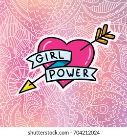 Vector cartoon style color illustration of arrow heart with feminism lettering "girl power" sticker badge patch on elegant lace lovely pink doodle lace background