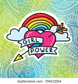 Vector cartoon style color illustration of arrow heart and rainbow with feminism lettering "girl power" sticker badge patch on elegant lace green and blue doodle lace background