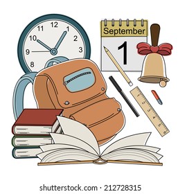 Vector cartoon style color school icons: clock, calendar, bell, pencil, pen, eraser, ruler, schoolbag, books, open book