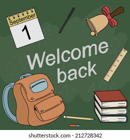 Vector cartoon style color school icons: calendar, bell, pencil, pen, eraser, ruler, schoolbag, books with sign Welcome back 