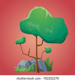 Vector cartoon style color tree with stone rocks and bushes isolated for game design background