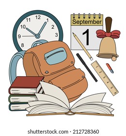 Vector cartoon style colorful school icons: clock, calendar, bell, pencil, pen, eraser, ruler, schoolbag, books, open book