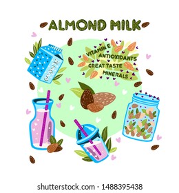 Vector cartoon style composition “Almond milk” with milk bottle, cup, almond nuts, pack. For vegan café (bar) menu, poster, banner, sticker. With lettering.