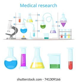 Vector cartoon style concept for chemical laboratory research. Set of Lab Flasks with colorful liquid substance inside.  Isolated on white background.