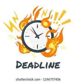 Vector cartoon style concept for deadline: close up clock in fire flames. Isolated on white background.