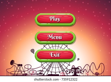 Vector cartoon style contoured buttons with text for game design on amusement park background. Menu with play and exit buttons element for ui illustration