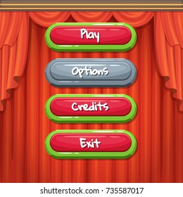 Vector cartoon style contoured enabled and disabled buttons with text for game design on theather curtains background illustration