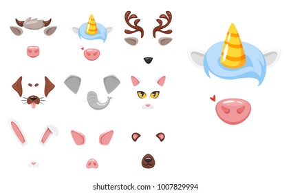 Vector cartoon style cute animal faces elements or carnival masks. Decoration items for your selfie photo and video chat filter. Ears, noses and horns. Isolated on white background.