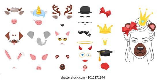 Vector cartoon style cute animal faces elements or carnival masks, ribbon and crowns. Decoration items for your selfie photo and video chat filter. Ears, noses and horns. 