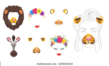 Vector cartoon style cute animal and woman faces set of elements or carnival masks, flower wreath, lips. Decoration items for your selfie photo and video chat filter. Ears, noses and fur. 