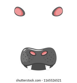 Vector cartoon style cute animal hippo face element or carnival mask. Decoration item for your selfie photo and video chat filter. Ears, nose and teeth. Isolated on white background. 