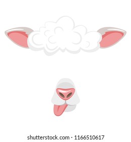 Vector cartoon style cute animal sheep face element or carnival mask. Decoration item for your selfie photo and video chat filter. Ears, noses and tongue. Isolated on white background. 