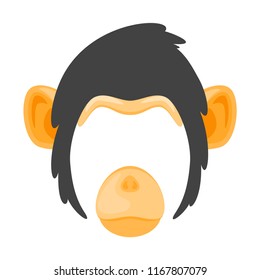 Vector cartoon style cute animal monkey face element or carnival mask. Decoration item for your selfie photo and video chat filter. Ears and nose. Isolated on white background. 