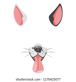 Vector cartoon style cute animal dog face element or carnival mask. Decoration item for your selfie photo and video chat filter. Ears, nose and whiskers. Isolated on white background. 