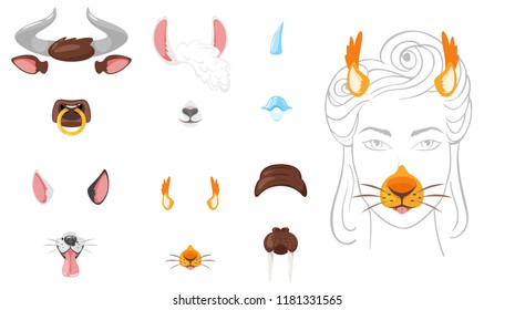 Vector cartoon style cute animal face element or carnival mask set. Decoration item for your selfie photo and video chat filter. Ears, noses and horns. Isolated on white background. 