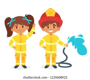 Vector cartoon style cute boy and girl in firefighter uniform and helmet holding fire-pump. Isolated on white background.