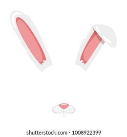 Vector cartoon style cute bunny animal face element or carnival mask. Decoration item for your selfie photo and video chat filter. Ears, nose and horn. Isolated on white background.
