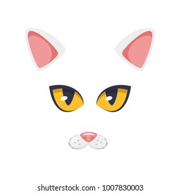 Vector cartoon style cute cat animal face element or carnival mask. Decoration item for your selfie photo and video chat filter. Ears, nose and horn. Isolated on white background.
