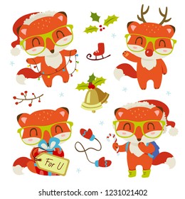 vector cartoon style cute christmas red fox set on the white background