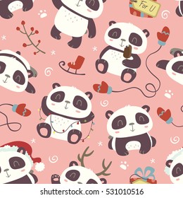 vector cartoon style cute christmas panda seamless pattern