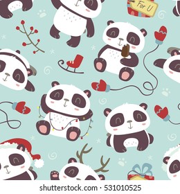 vector cartoon style cute christmas panda seamless pattern