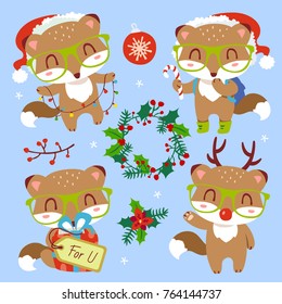 vector cartoon style cute christmas fox seamless pattern