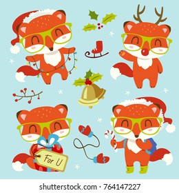 vector cartoon style cute christmas red fox set