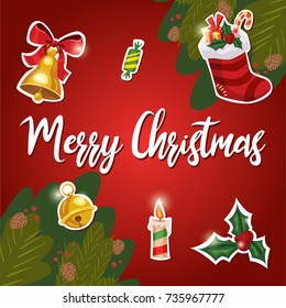 Vector cartoon style cute color Christmas illustration set. Design template for greeting card. X-mas items on gradient red background and Christmas tree branches. Jingle bells and candies