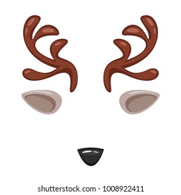 Vector cartoon style cute deer animal face element or carnival mask. Decoration item for your selfie photo and video chat filter. Ears, nose and horn. Isolated on white background.
