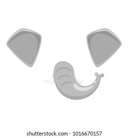 Vector cartoon style cute elephant animal face element or carnival mask. Decoration item for your selfie photo and video chat filter. Ears, nose and horn. Isolated on white background.