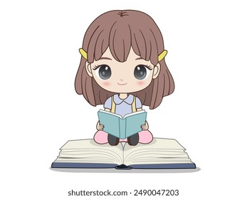 Vector cartoon style cute girl holding a book, reading on a white background, clearly isolated as a teaching aid for educational presentations.