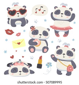 vector cartoon style cute girl panda set