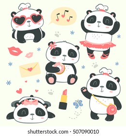 vector cartoon style cute girl panda set