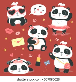 vector cartoon style cute girl panda set