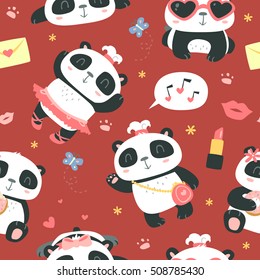 vector cartoon style cute girl panda seamless pattern