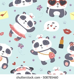 vector cartoon style cute girl panda seamless pattern