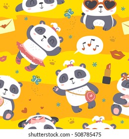vector cartoon style cute girl panda seamless pattern