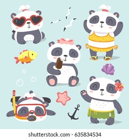 vector cartoon style cute girl panda summer beach set