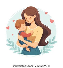 Vector cartoon style cute illustration. Mother holding a baby boy, child. Mother's day banner. 