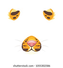 Vector cartoon style cute leopard animal face element or carnival mask. Decoration item for your selfie photo and video chat filter. Ears, nose and fur. Isolated on white background.
