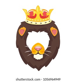 Vector cartoon style cute lion with king golden royal crown animal face element or carnival mask. Decoration item for your selfie photo and video chat filter. Ears, nose and fur. 