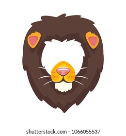 Vector cartoon style cute lion animal face element or carnival mask. Decoration item for your selfie photo and video chat filter. Ears, nose and fur. Isolated on white background.

