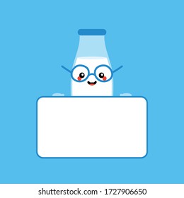 Vector cartoon style cute milk bottle character holding blank, empty card in hands. 