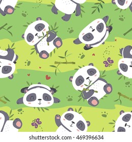 vector cartoon style cute panda seamless pattern